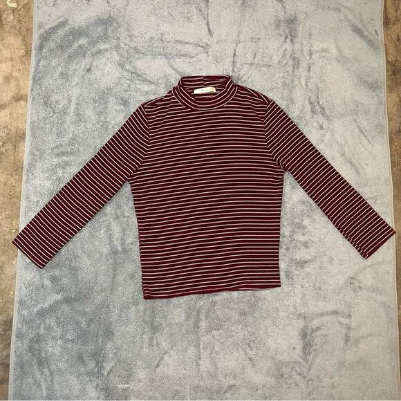 Gaze Maroon White Stripes Long Sleeve Mock Neck T-shirt Grunge Retro Size Small - Picture 2 of 5